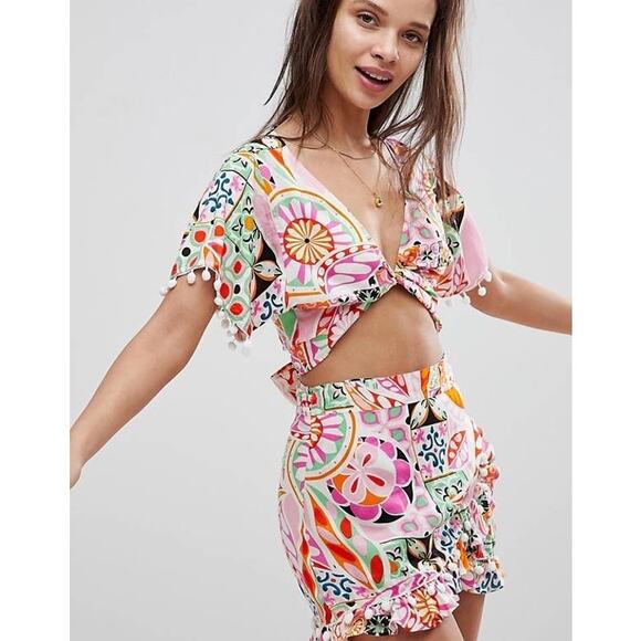 ASOS Retro Print Pom Pom Tie Front Beach Cover Up Size 2. NWT! - Picture 1 of 7